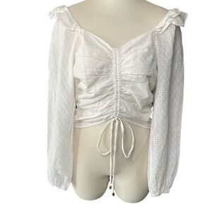 NWT Bishop + Young White‎ Eyelet Ruched Top S Long Sleeve Boho Cottagecore